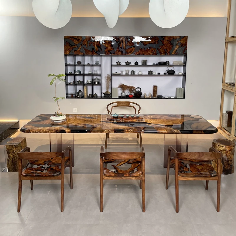

&c Modern Exquisite River Theme Dining Table Set Epoxy Design Resin Furniture for Kitchen Hotel or Apartment