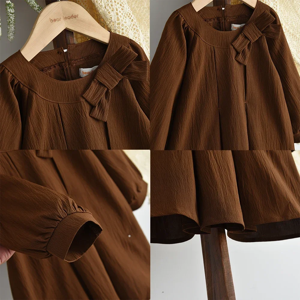 Koreanische Version kinder Kleidung Mode Herbst Neue Retro Kaffee Farbe Bogen Dekoration Lange Ärmeln Kleid Mädchen Kleider – Detail 7