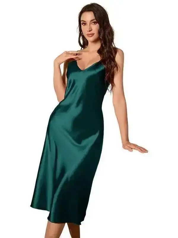 Elegant Nightdress Women Summer Ice Silk Simple Sexy Silk Strap Nightgown Fashion Homewear Casaul Dress Sleeveless Charming S2X9