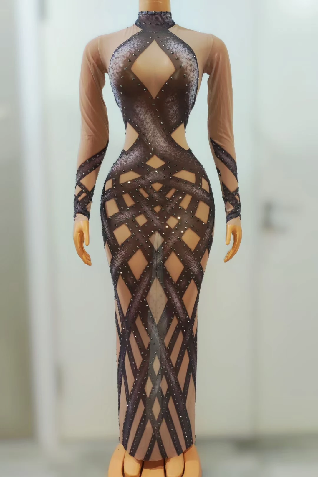 Jiaocuo Black Brown Geometric Rhinestone Sheer Mesh Long Sleeve Maxi Dress for Drag Queen Burlesque Cabaret Stage Performances view 2