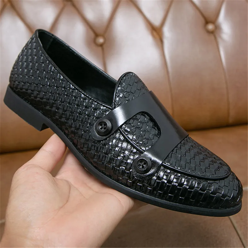 New Designer Monk Strap Loafers Men Weaving Pattern Patent Leather Dress Casual Shoes Wedding Dress Business Homecoming Footwear