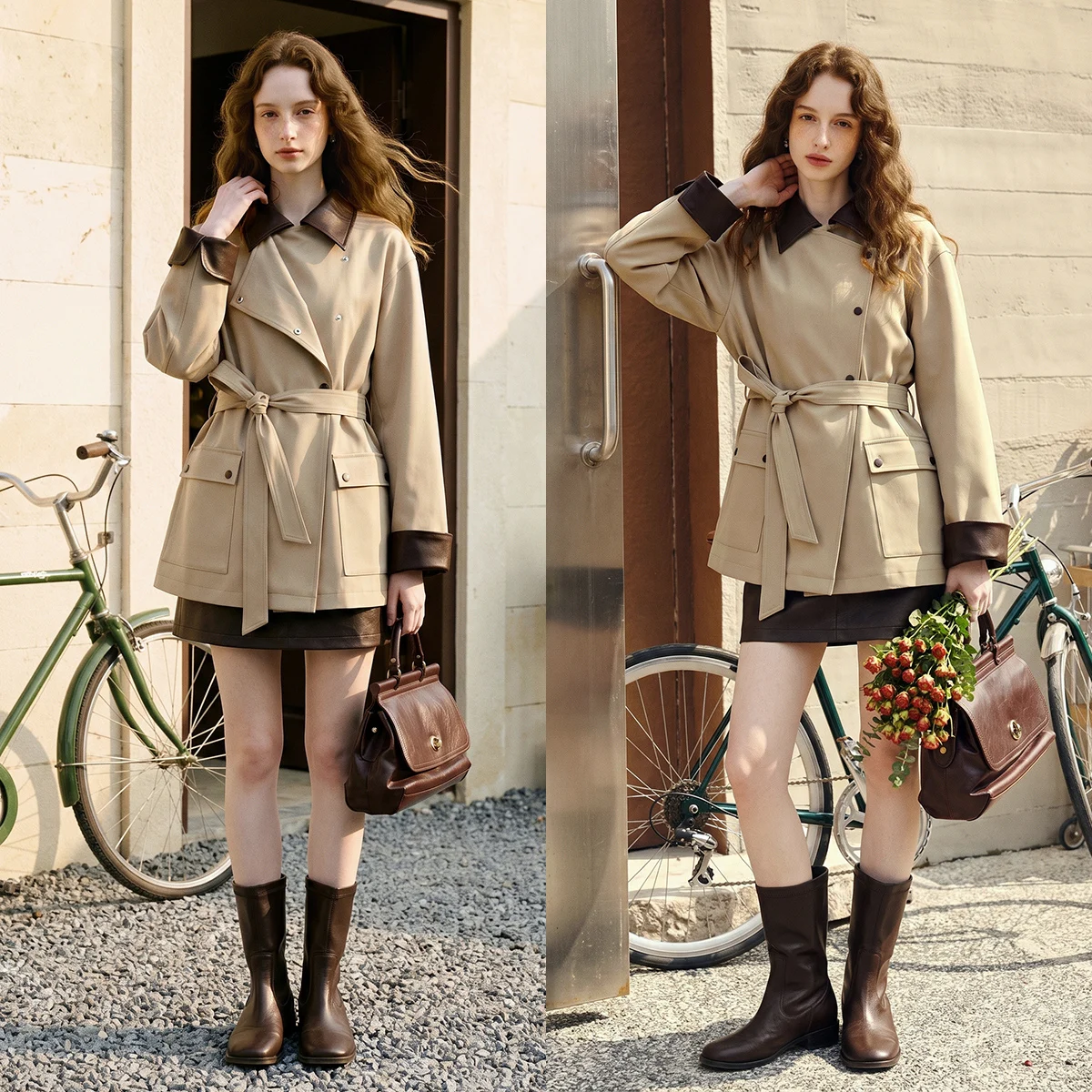 OLrain Elegant Women's Trench Coat Contrast Lapel Belted Waist Outerwear 2026 Autumn Winter Office Commuter Clothes GO58QF010339