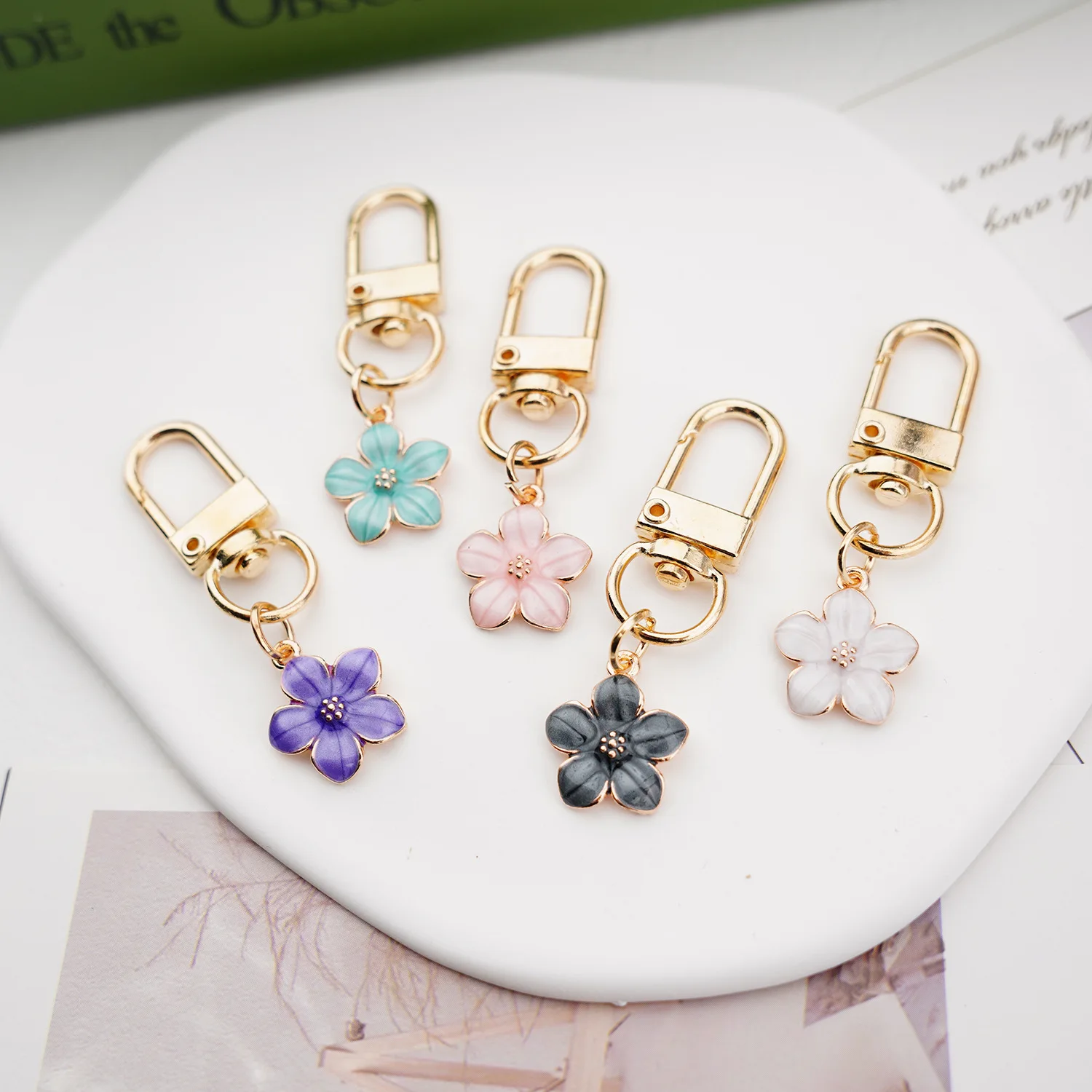 Dainty Sakura Flower Keychain Charm Enamel Purple Green Pink White Black Women Bag Key Ring Accessories