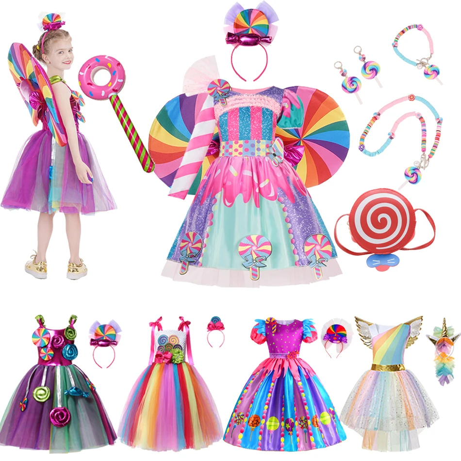 Princess Candy Dress For Girl Lollipop Prium Carnival Party Clothing Kids Cosplay Fancy Rainbow Unicorn Costume Outfits 3-10Y