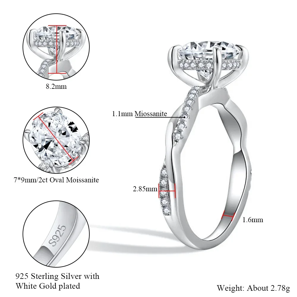 IsRainy 100% 925 Sterling Silver Oval 2CT 7*9MM GRA Real Moissanite Diamonds Anniversary Ring Sets Custom Fine Jewelry for Women