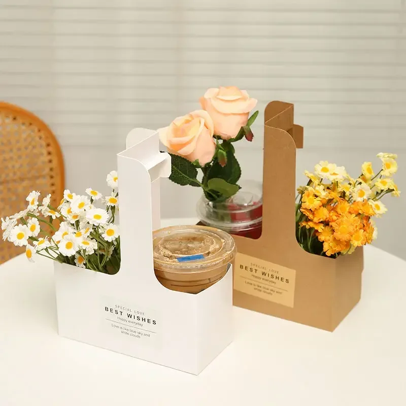 

Foldable Flower Packaging Boxs Thickening White Kraft Paper Hand-held Flower Box Milk Tea Coffee Takeaway Hand-held Cup Holder