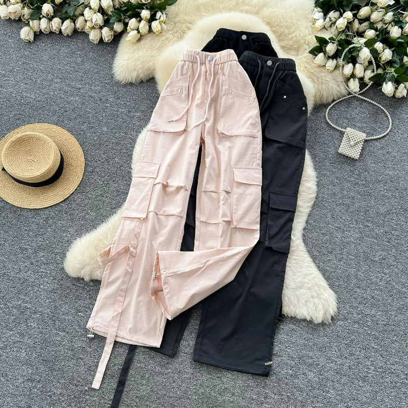 

Cargo Pants Women Pockets Solid Drawstring Wide Leg Pant Casual Streetwear Spliced Straight Trousers Midi Waist Autumn Capris