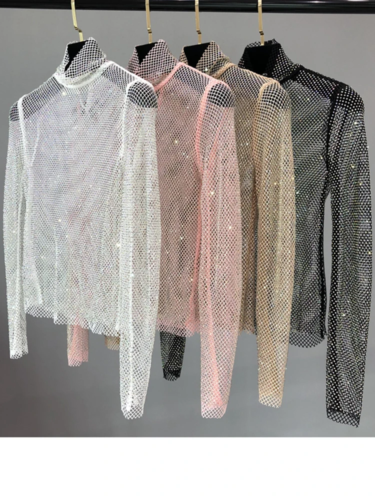 

2023 Glittering Mesh Diamond HollowOut Jacket Sexy Long-Sleeved Turtleneck Cultivate one's Morality Shirt Party Women Top