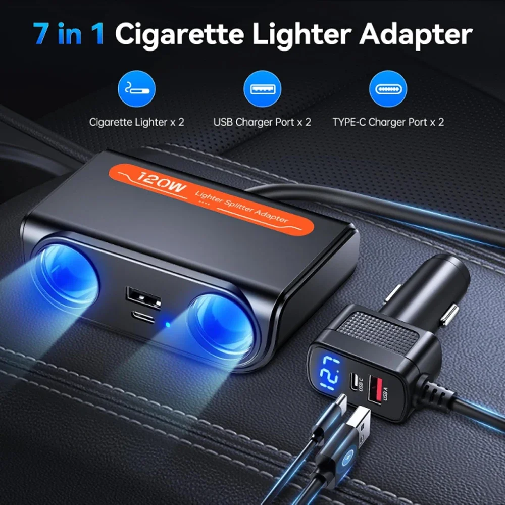 

7 in 1 24/12V Socket Cigarette Lighter Splitter,DC Outlet Car Charger Adapter with LED Voltage Display 120W Fast Charger Plug