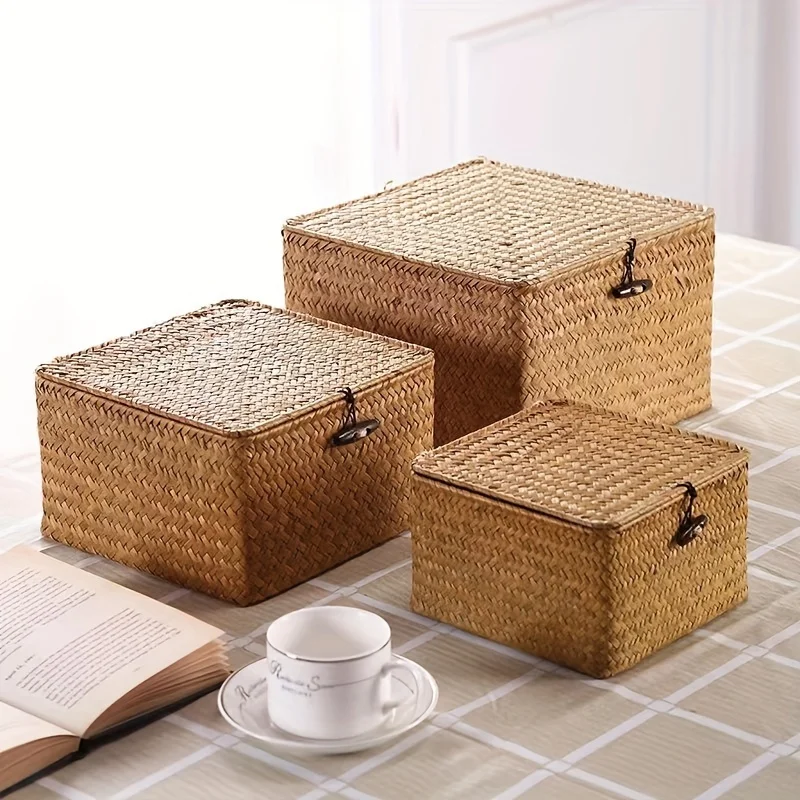 Wicker Shelf Baskets with Lid, Handwoven Seagrass Storage Basket Bins Square Gift Boxes for Shelves Home Decor  (Natural, Large)