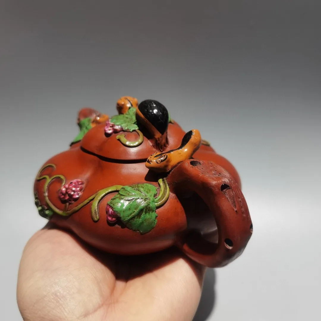 Old Chinese Handicraft Enameled YiXing Zisha (red stoneware) Teapot,squirrel grape teapot,with mark, Free shipping