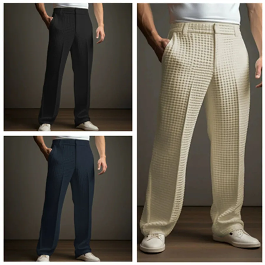 

Fashion Men's Waffle Suit Pants Solid Plaid Loose Straight Trousers Business Formal Dress Pants Casual Vacation Pants for Men