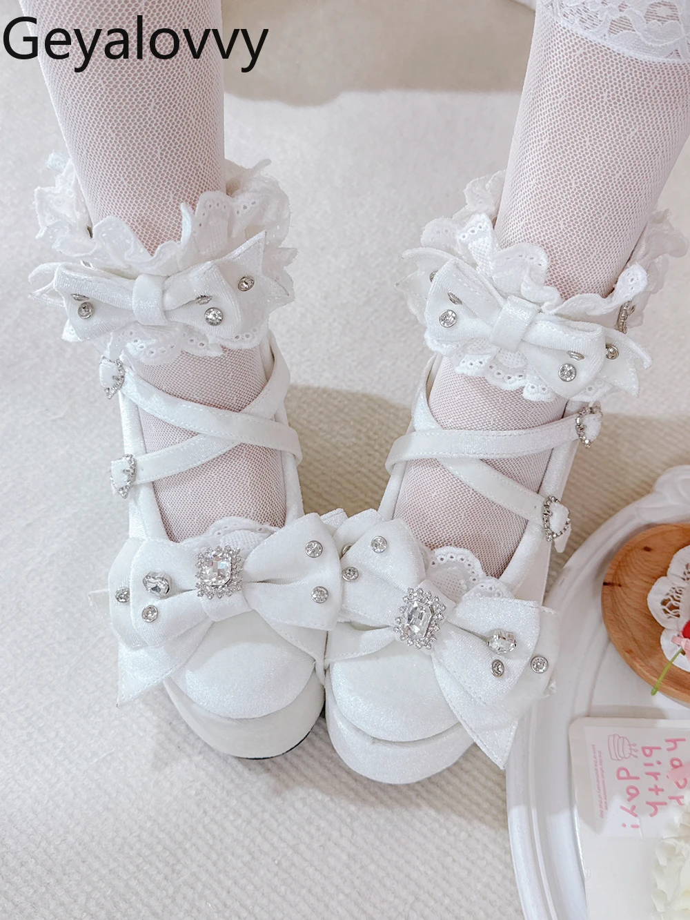 봄과 가을 벨벳 두꺼운 단독 라인 석 보우 로리타 일본식 다목적 인형 느낌 플랫폼 신발 여성용