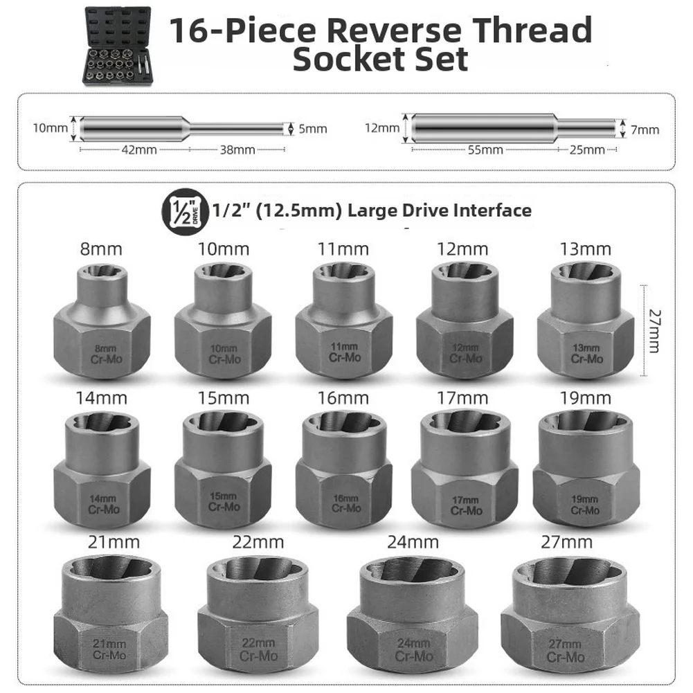 Bolt Extractor Set Reverse Spiral Nut Screw Remover 6-27mm For Rusted Stripped Fasteners Removal Power Drill Bit Tool Kit
