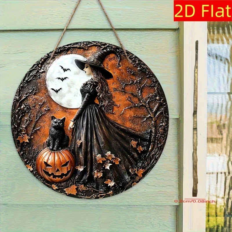 1 Stück 2D flaches rundes Halloween-Holzschild – Hexe in Schwarz, Kürbisse, Fledermäuse, gruselige Waldszene – keine Strom erforderlich – sjs