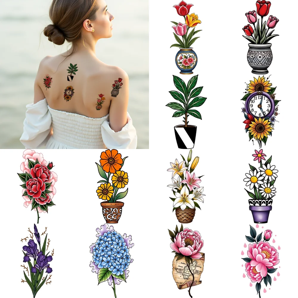 

28pcs Temporary Tattoo New School Traditional Map Decor Flower Pots Cactus For Shoulders Arms Adults