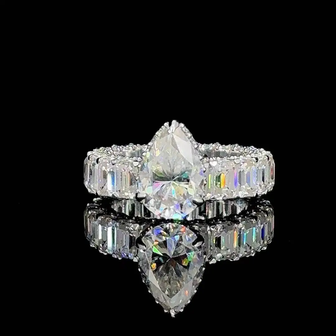 Pass Diamond Tester 925 Silver Plated IGI Certified Pear Cut VVS Moissanite Hip Hop Iced Out Wedding Party Women's Ring
