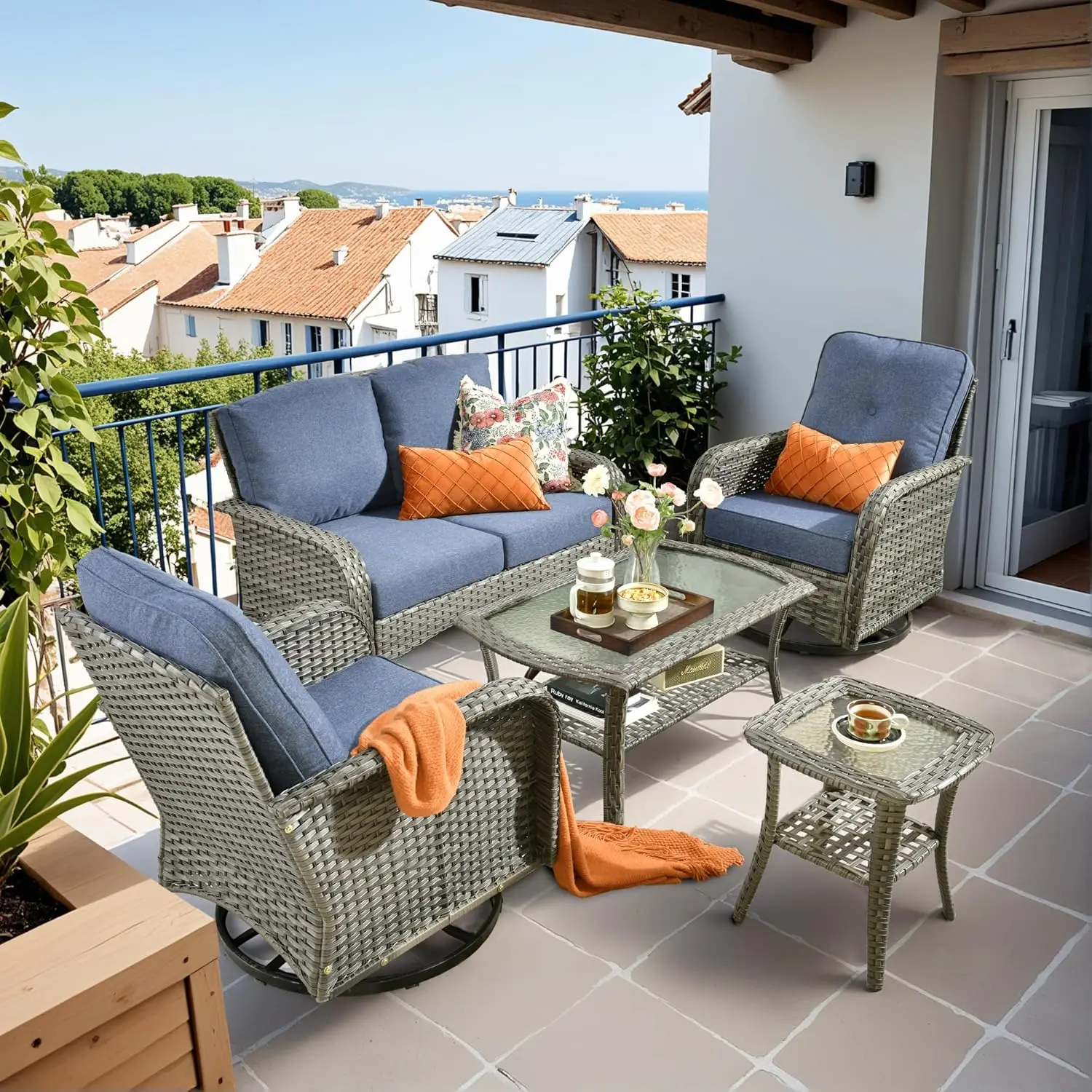 

Patio Furniture Set,5 Pieces Outdoor Conversation Set,All Weather Wicker Loveseat Sofa Set With High Back Swivel, Customized