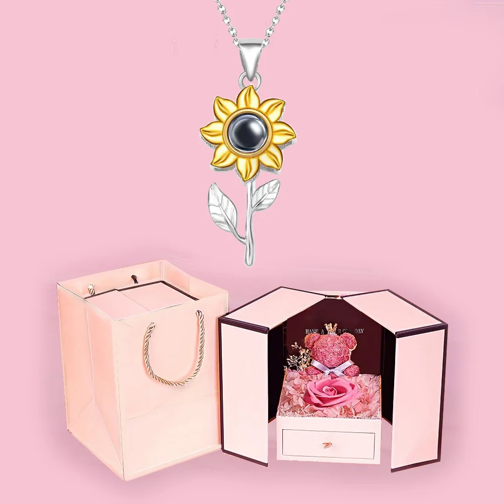 Luxury Sunflower Necklace With Cute Bear Rose Gift Box 100 Languages I Love You Pendant Jewelry For Girlfriend Romantic Gifts