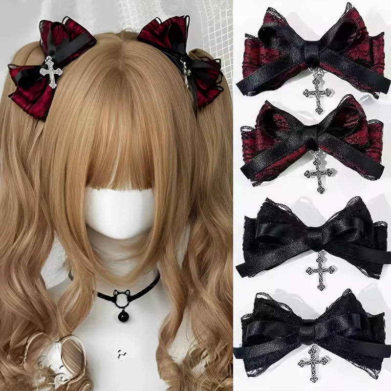 

2Pcs Y2k Gothic Cross Pendant Lace Bow Hair Clips Fashion Bowknot Hairpin Girl's Street Exquisite Hair Accessories