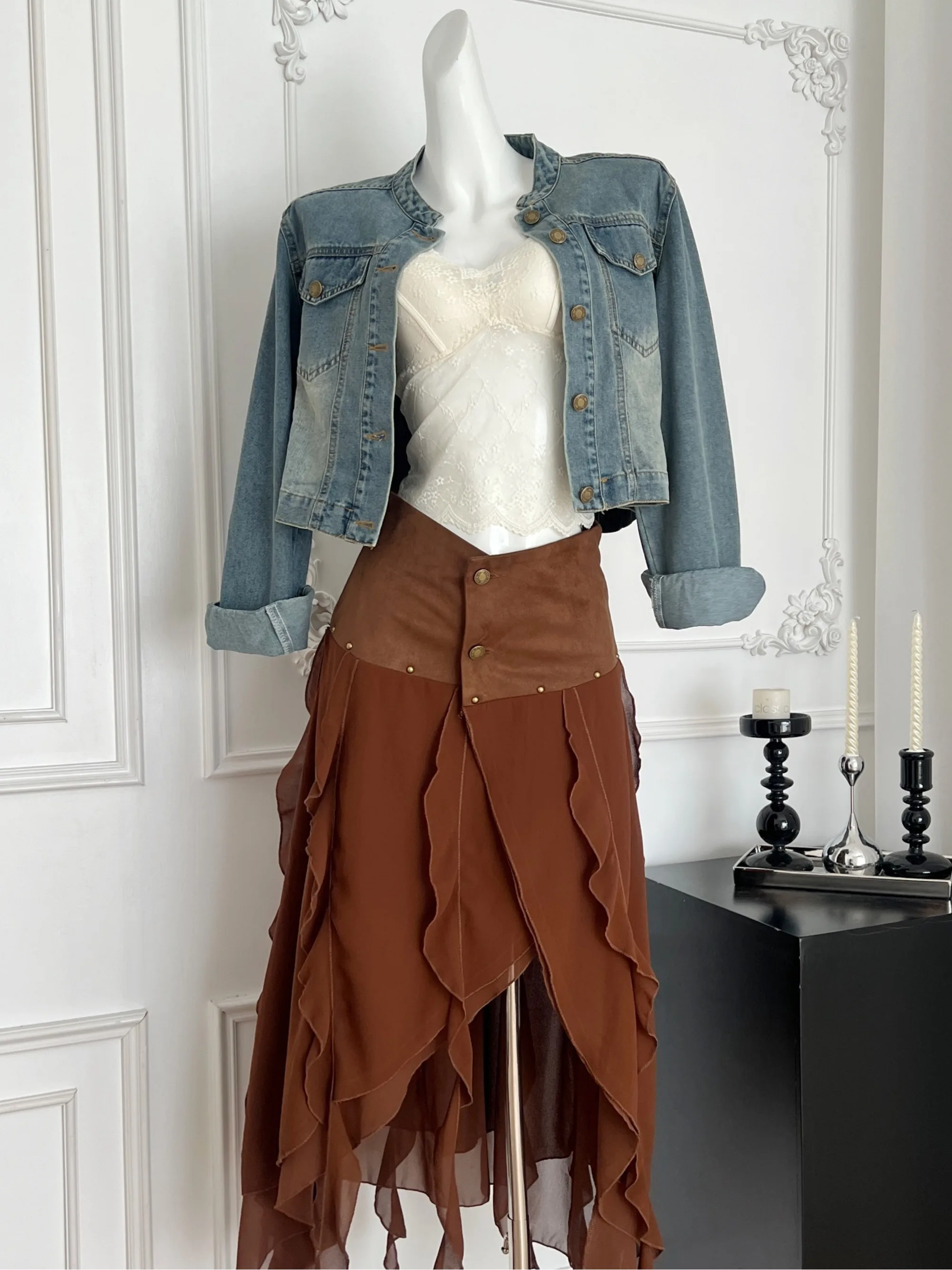 

Ретро американский комплект джинсовой тюре и юбки с воротником-стойкой для женщин, юбка с неровными сращиваниями, осенняя мода