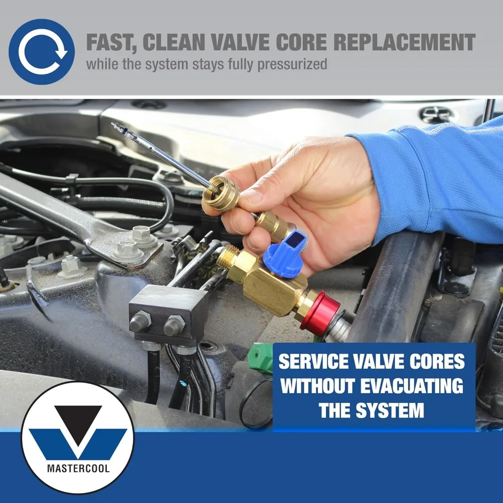 58490 R134a مجموعة أدوات إزالة/مثبت الصمام الأساسية تعمل تحت أغطية الضغط القياسية، JRA، Eaton Cores تتضمن مهاوي ومحولات