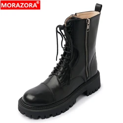 MORAZORA Plus Size 34-41 New Genuine Leather Boots Women Ins Hot Zipper Lace Up Autumn Winter Boots Ladies Brand Fashion Shoes