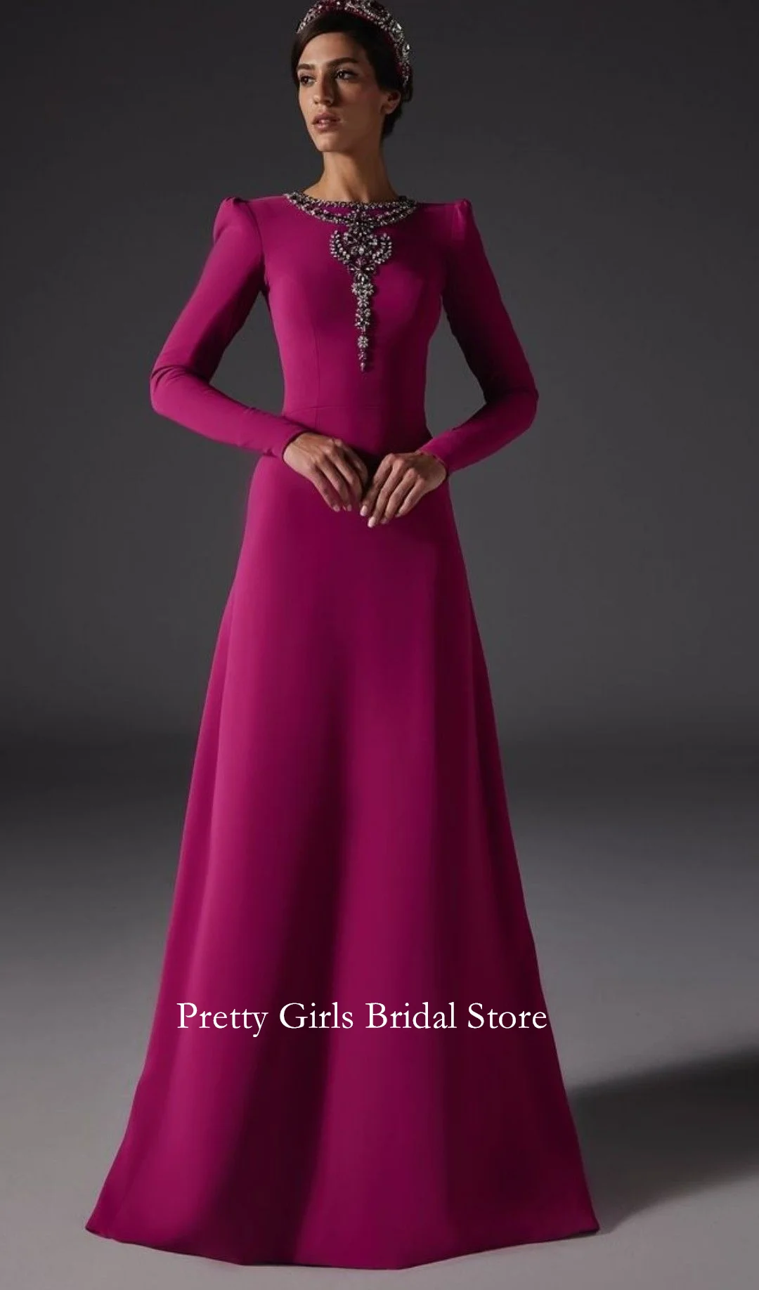 

Вечерние свадебные платья с кристаллами и круглым вырезом по индивидуальному заказу, розово-красный креп-атлас длиной до пола, классические элегантные платья невесты, вечерние женские платья