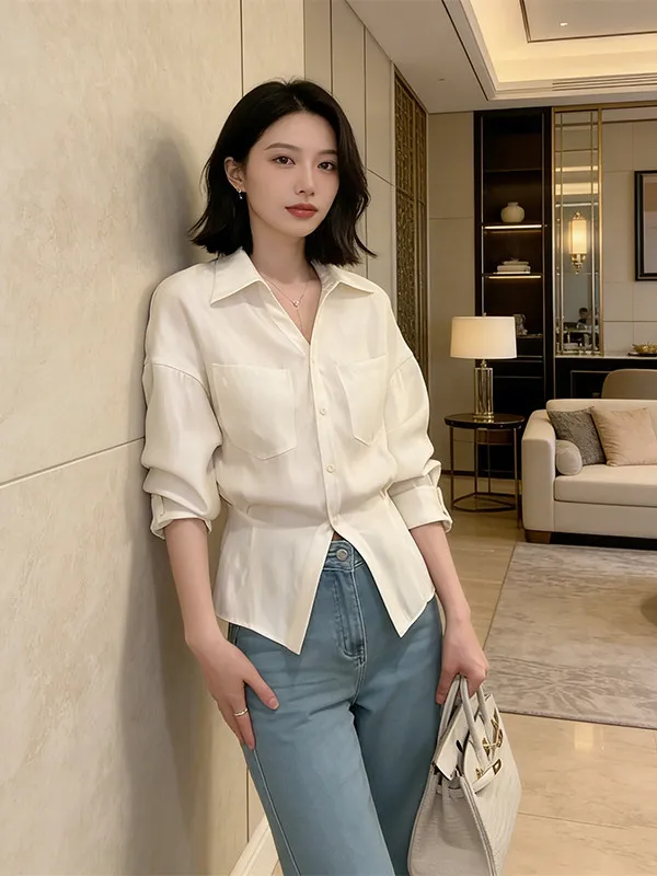 

Slimming Long Sleeve Collar Commuter Style Women's Shirt Loose Waist Design Spring Summer White Color Straight Cut Shirt