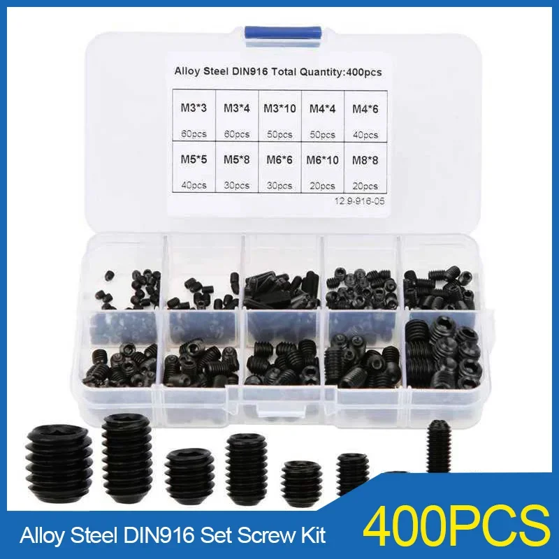 400PCS DIN916 Set Screw Grub Screw Kit M3 M4 M5 M6 M8 Hex Socket Set Screws Headless Bolt Grade 12.9 Carbon Steel