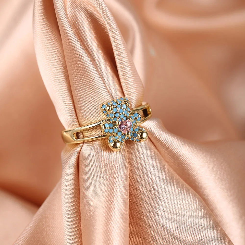 1 Pc Fashion Full Diamond Bear Cute Copper Pink Gold Ring for Women Party Favors