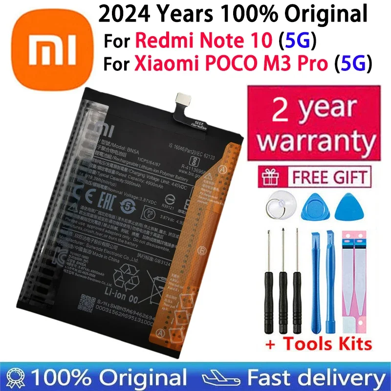 2024 Years 5000mAh Xiao Mi 100% Original BN5A Battery For Xiaomi Redmi Note 10 5G POCO M3 Pro 5G Mobile Phone Battery Bateria