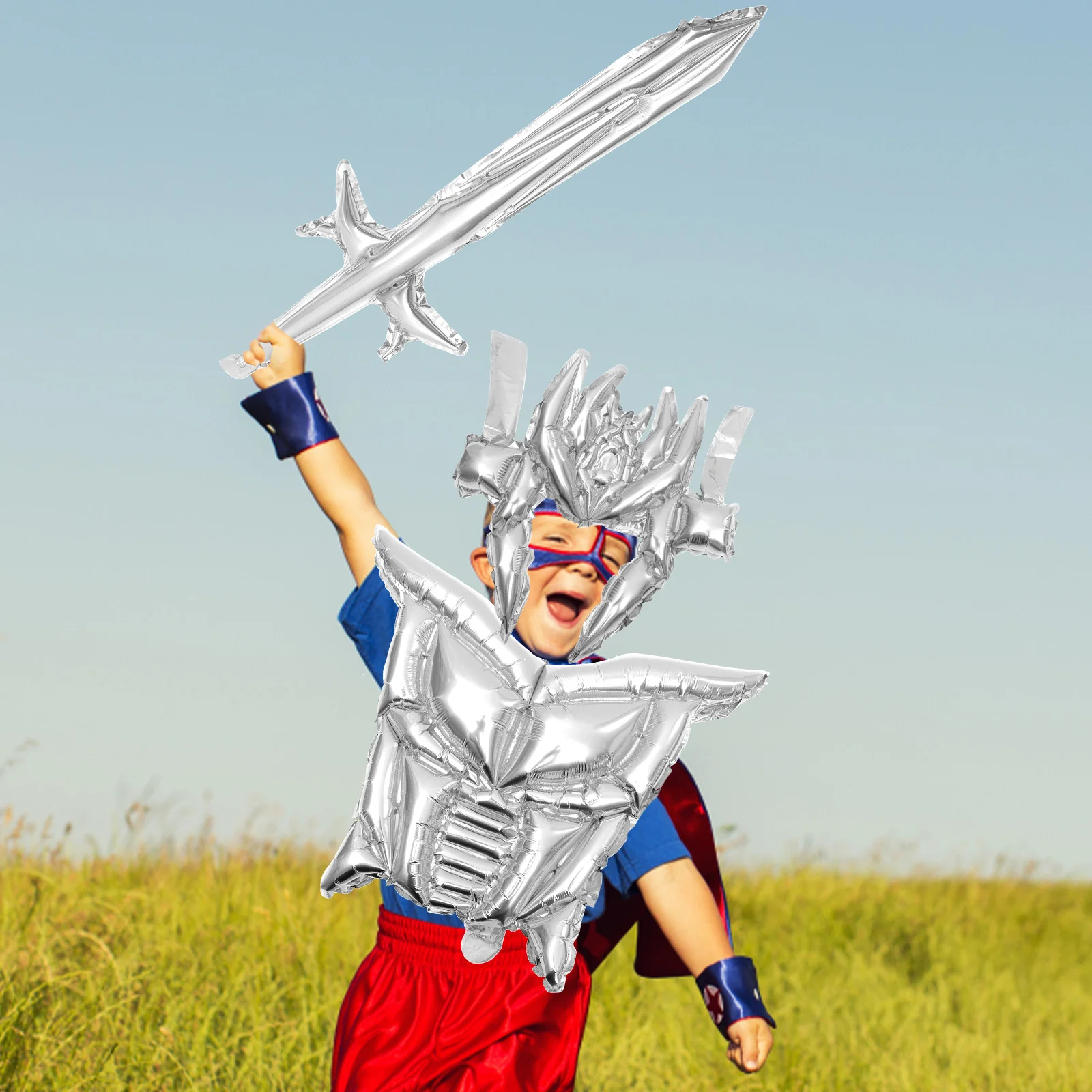 

1 Set Gold Armor Balloon Costume Inflatable Toys Lightweight Boys Play Sword Stage Performance Decor Halloween Party