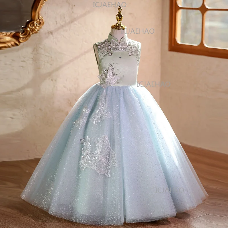 2026 Elegant Embroidery New Chinese Style Blue Green Girls Formal Host Performance Kids Long Birthday Tutu Princess Gown Dresses
