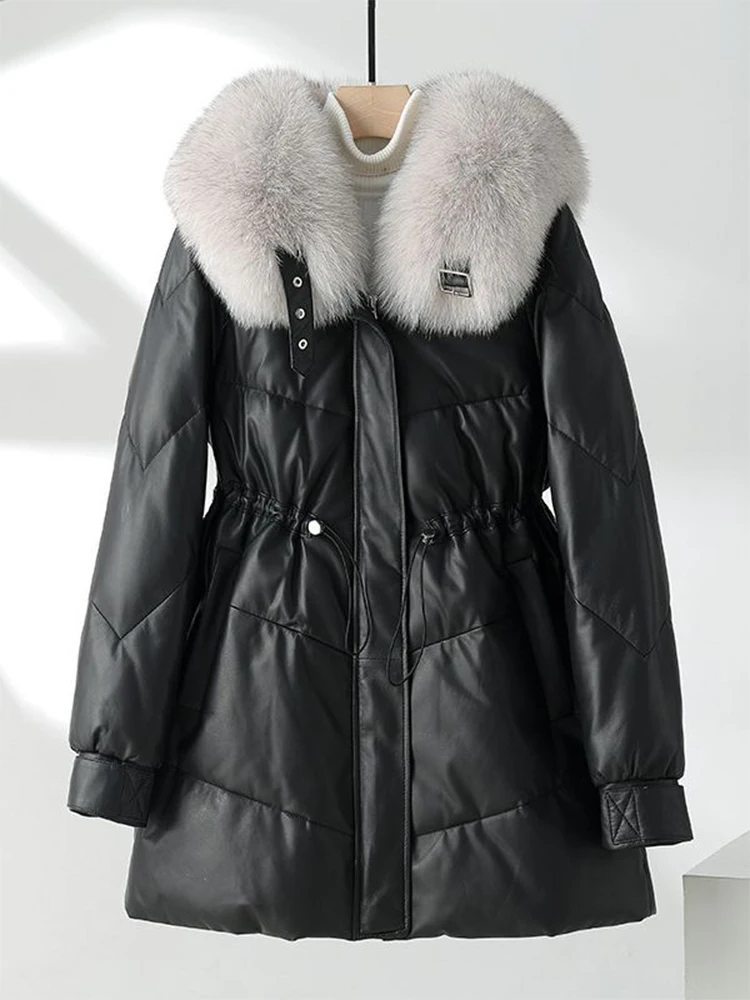 

Genuine Leather Down Coat Natural Big Fox Fur Sheepskin Drawstring Warm Jacket Winter Ladies Puffer Parkas