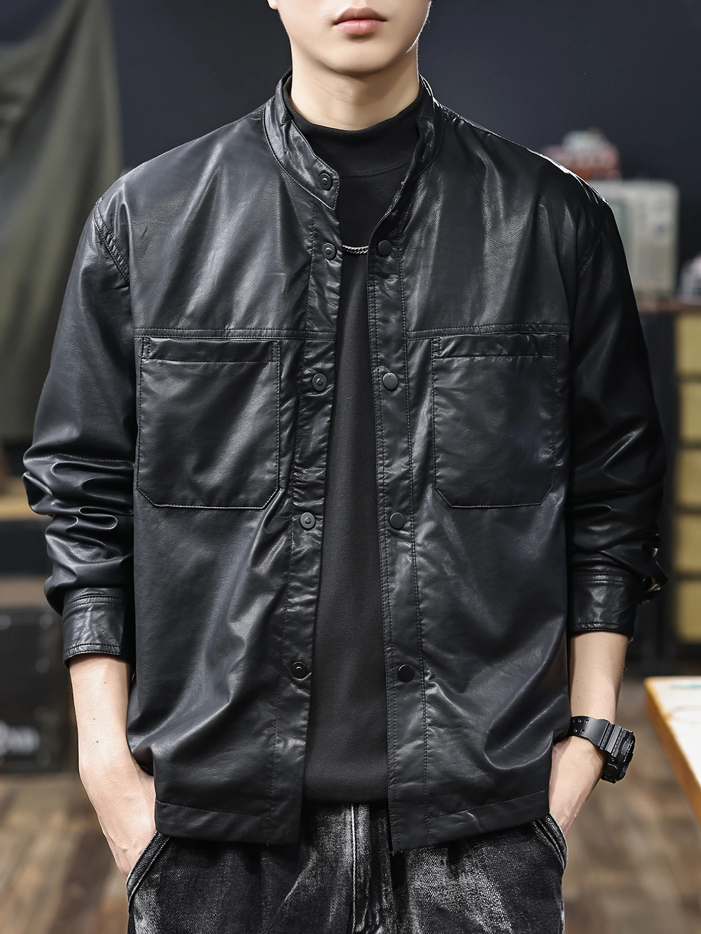 

American Sle Soft PU Leather Jaet Men's Classic Trendy Streetwear Workwear irt Long Sve Windproof Warm Waterproof