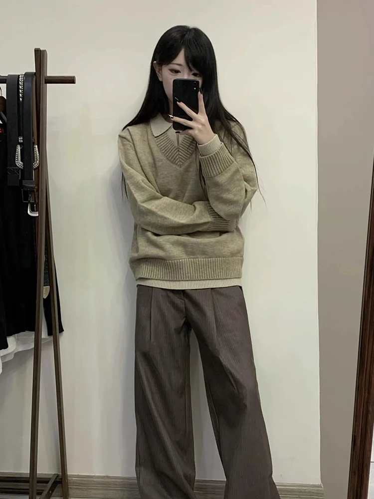 

Oaeal V-Ne Men's Knitwear Base Layer irt Lazy Knitted Sweater Autumn Season Preppy Sle Loose Fit Casual Inner Wear