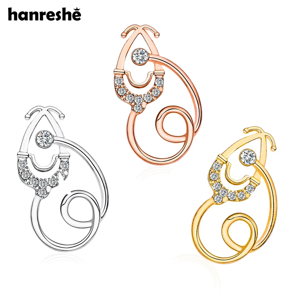 Hanreshe Classic Inlaid Crystal Stethoscope Brooch Medical Luxury Metal Lapel Backpack Pins Medicine Jewelry for Doctor Nurse