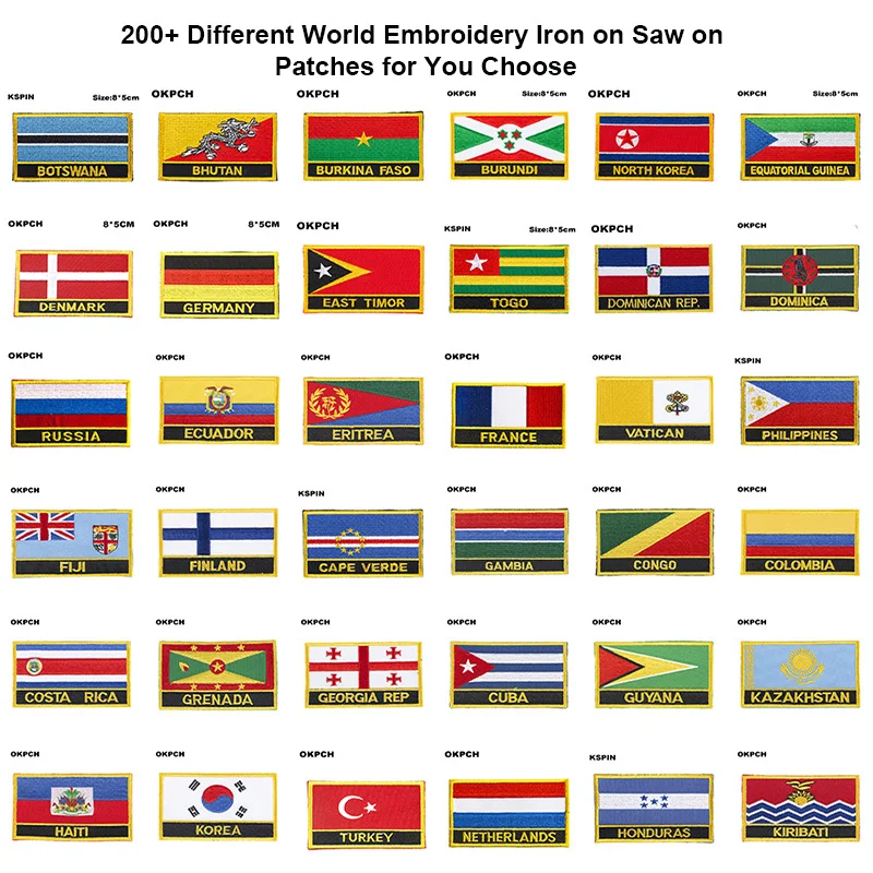 200+ بقع علم مختلفة مستطيلة وشكل درع حديد على بقع التطريز المنشار على تطبيقات رقعة النقل