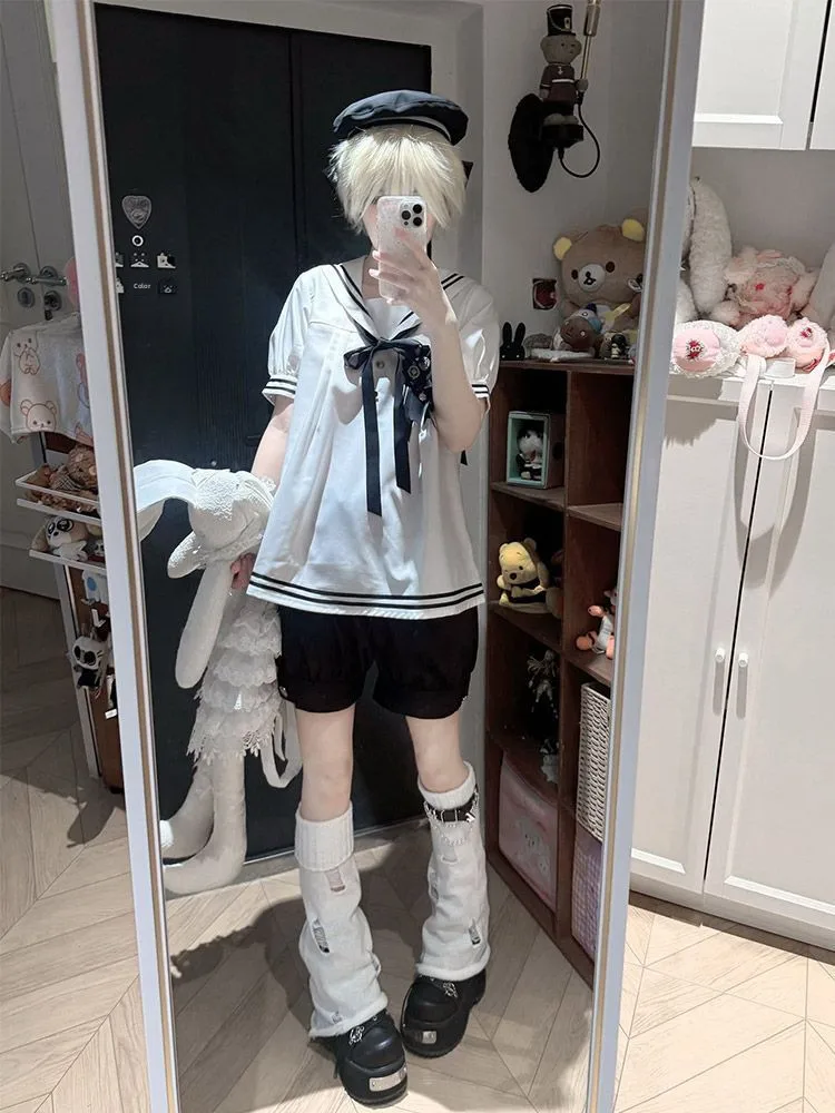 Summer Navy Collar Short Sleeve Shirt And Black Slimming Shorts Two Piece Set Women's Fashionable Casual Workwear Ensemble