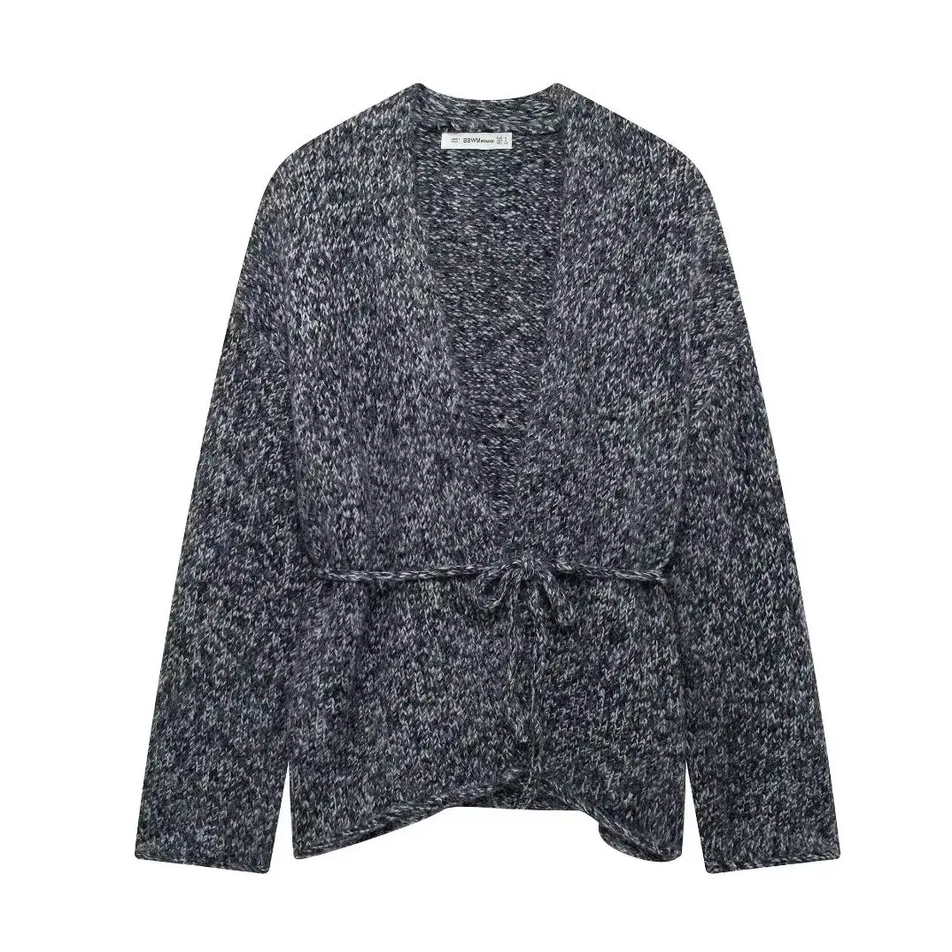 

KONDALA Chic 2024, зимний винтажный серый кружевной женский кардиган с длинным рукавом и v-образным вырезом, свободный модный повседневный вязаный свитер