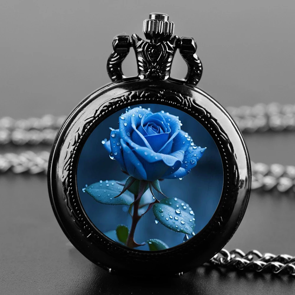 Модные черные кварцевые карманные часы из нержавеющей стали с синей розой и лотосом, ожерелье для женщин и мужчин, ювелирные изделия, кулон-цепочка, подарки