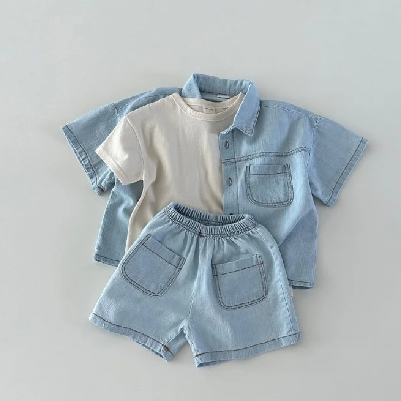 

202 Children's Set Summer Boys Cowboy Short sleeved Top Girls Baby Button Cardigan Short sleeved Casual Cowboy Shorts Set