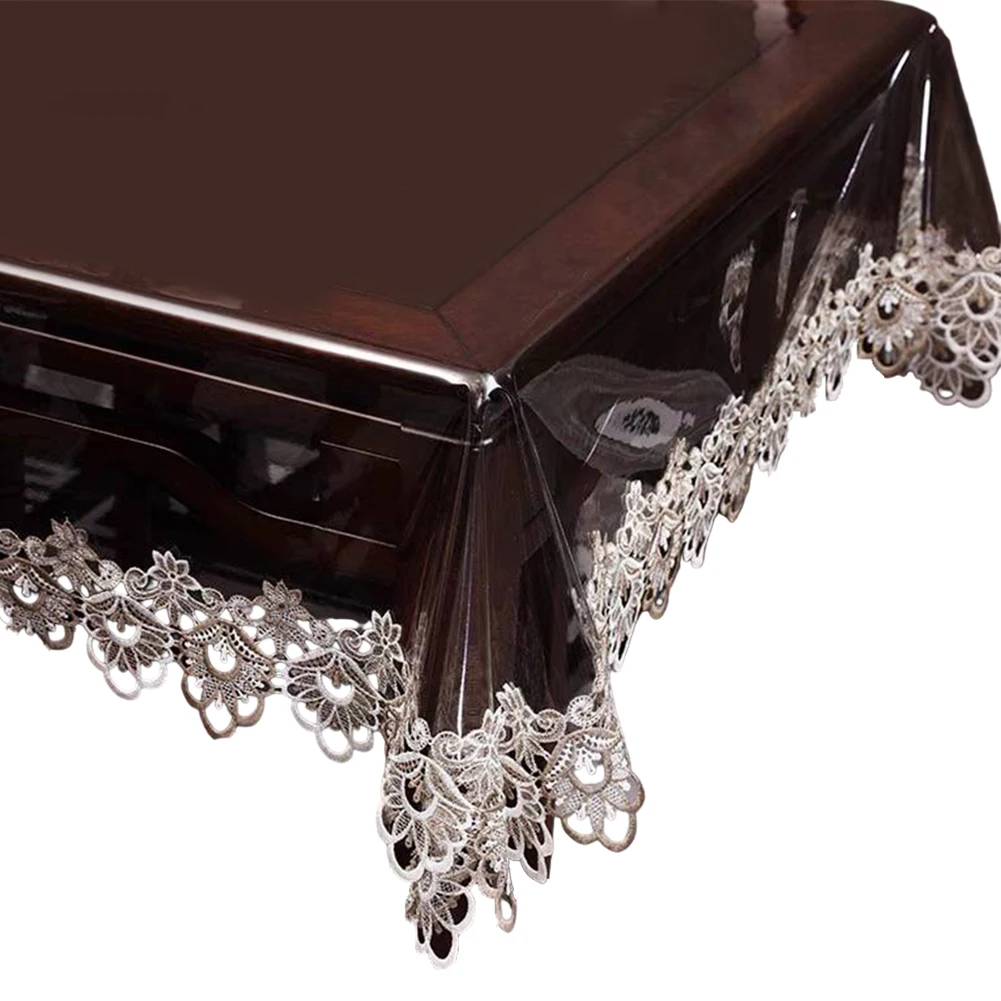 

Waterproof Clear Rectangle Tablecloth PVC with Decorative Lace Edge Protects Tables While Providing Elegant Decor