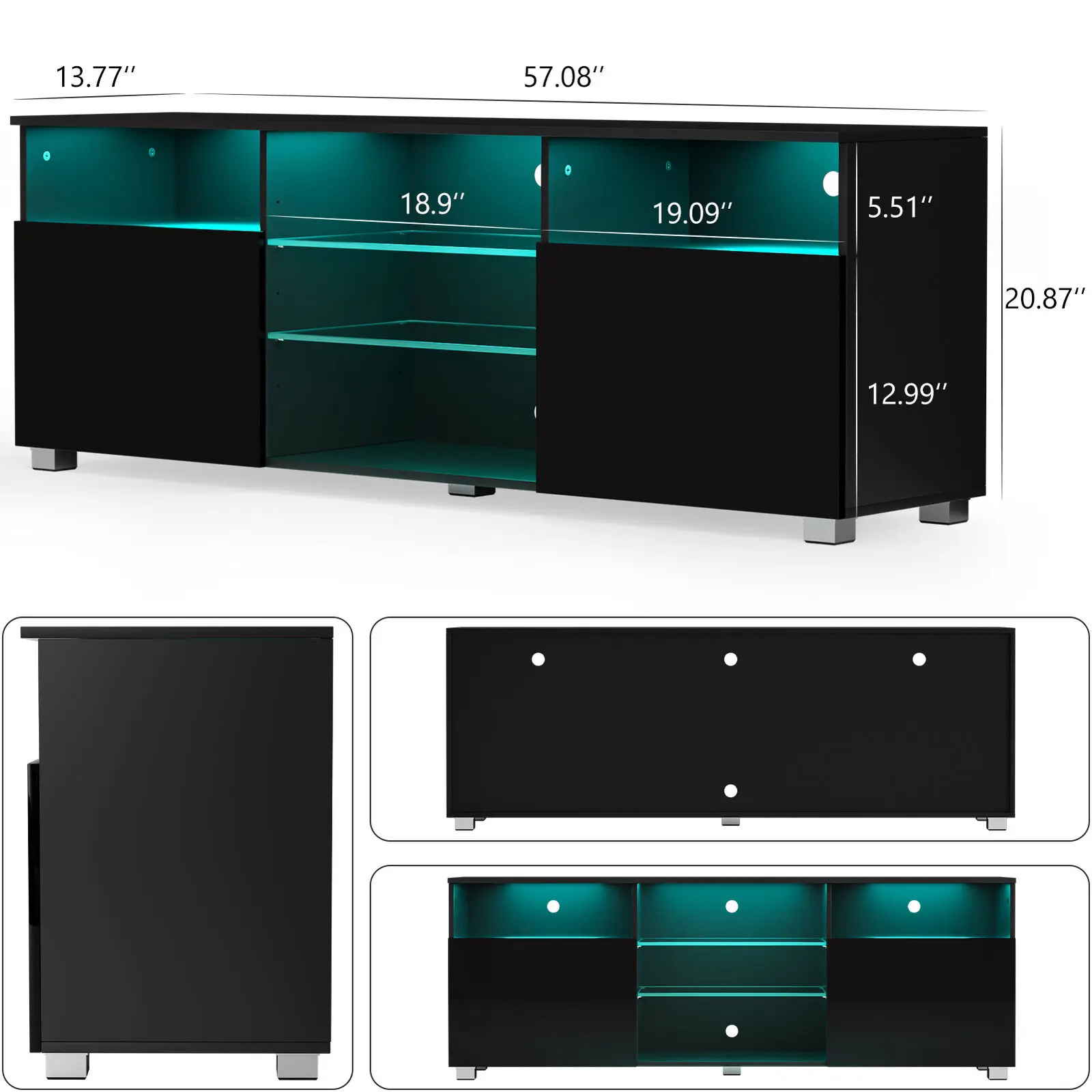 Support TV LED avec armoire de rangement, centre de divertissement moderne, haute brillance, portes de grange doubles, étagère TV, 57 po, 65 po, 71 po, 81 po, 87 po