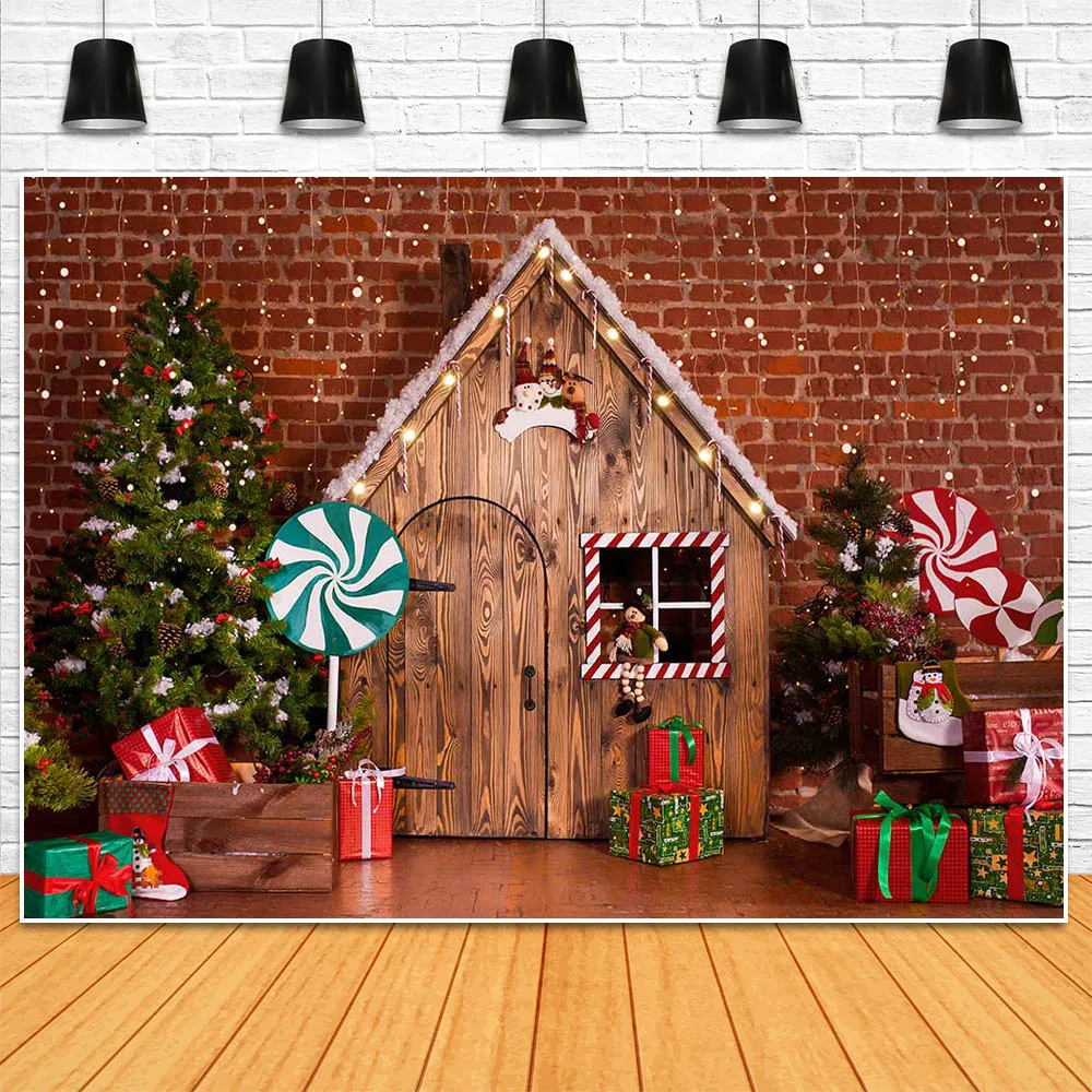 Mocsicka fondo de fotografía de Navidad para bebés y niños, pared de ladrillo, suelo de madera, caja de regalo de Navidad, Retrato, accesorios de fotografía
