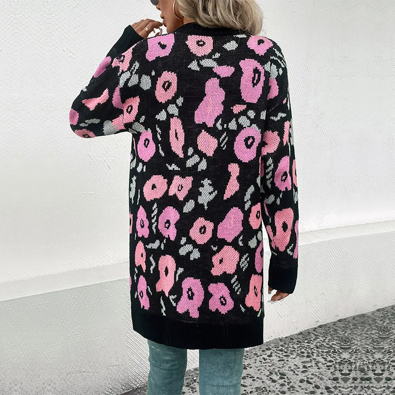 2023 Autumn and Winter Women\'s Cardigan Long Sleeve Solid Printing Flower Patchwork Loose Fashion Casual Long Sweater Knit Tops