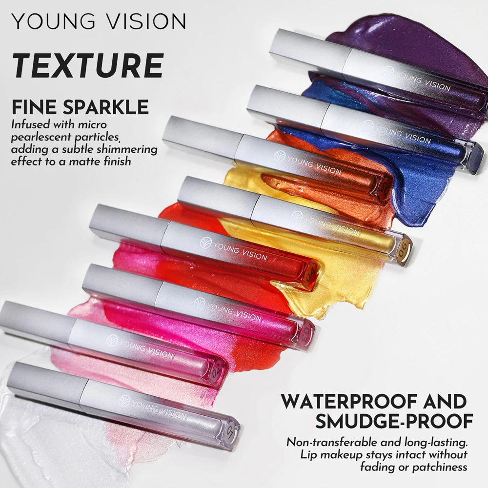 YOUNG VISION 8-Farben-Metallic-Lipgloss, matt, flüssig, wasserfest, übertragungsbeständig, langanhaltende Glanzkosmetik