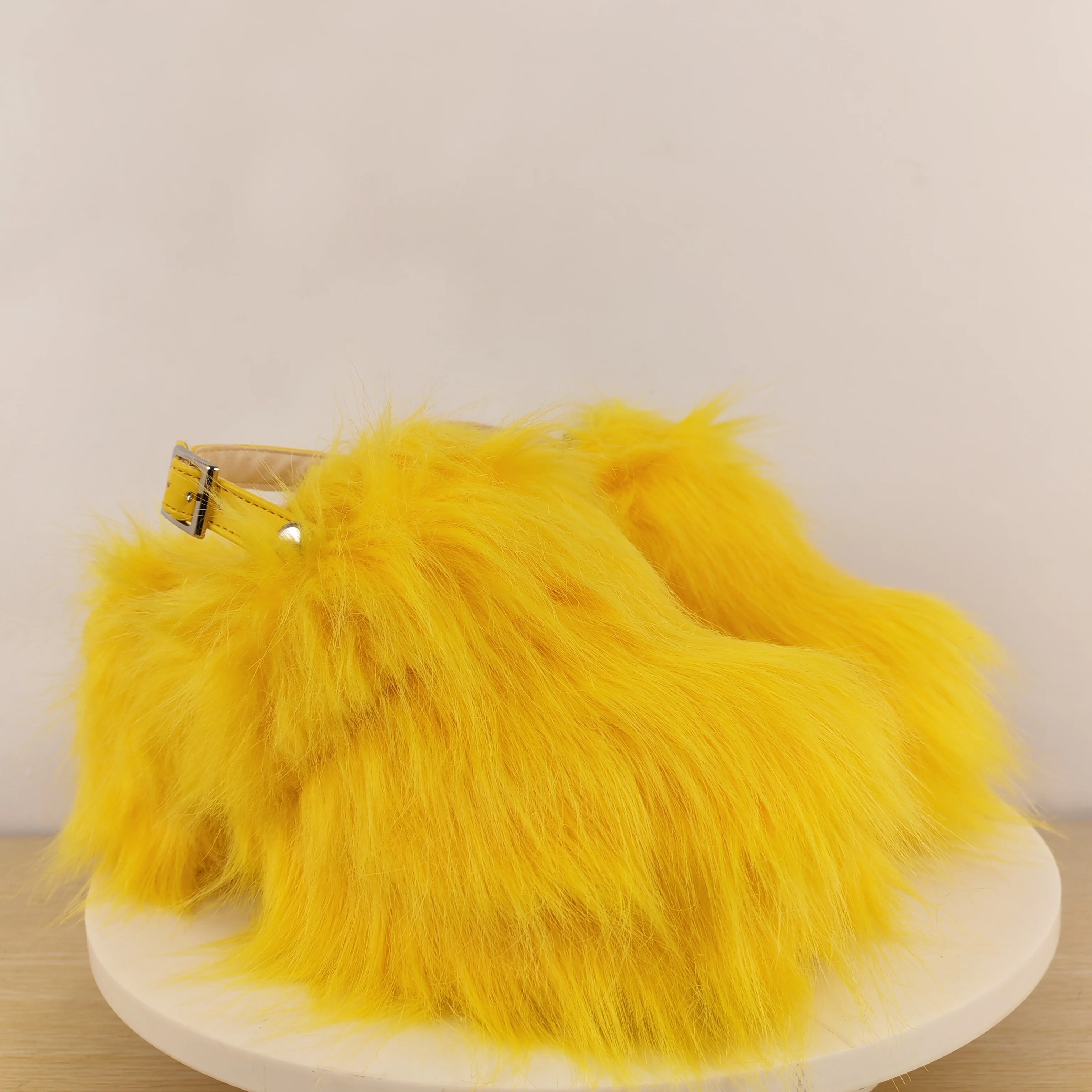 Women's Bright Yellow Faux Fur Platform Sandals Adjustable Ankle Strap with Buckle for Festivals Street Style & Bold Statement