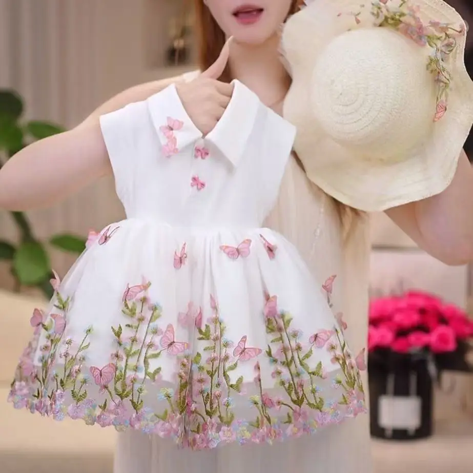 Girls' Summer Dress Children's PoLo Collar Sleeveless Embroidery Exquisite Flowers Sweet Princess Dress
